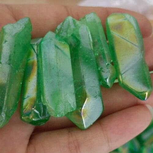 High Quality Green Aura Titanium Quartz Crystal Wands Point Rough Reiki Healing Prism Cluster Spiritual Charms