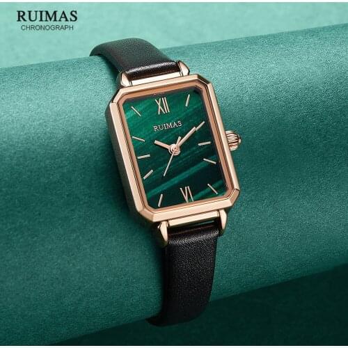 RUIMAS Fashion Leather strap Watches Women Green Rectangle Quartz Watch for Girls Lady Analog Wristwatch relojes de mujer Montre