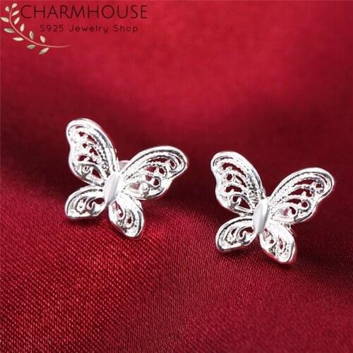 Charmhouse S925 Sterling Silver Stud Earrings for Lady Women Butterfly Earing Wedding Bridal Jewelry Accessories Wholesale