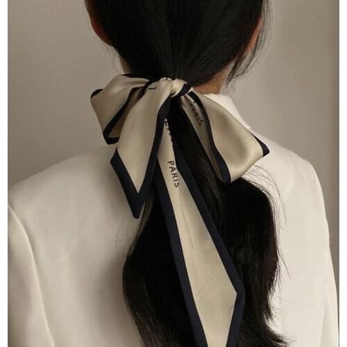New Arrival Women Narrow Long Scarf 100x6cm Chic French Gentle Elegant Chiffon Silk Tie Letter Print Bag Ribbon Headband Choker