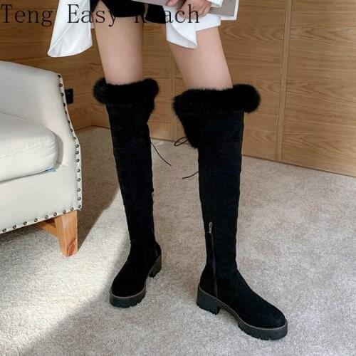 2021 Winter Warm Faux Suede Long Womens Over-the-knee Boots Chunky Middle Heels Woman Overknees Snow Boots with Faux Fur Plush