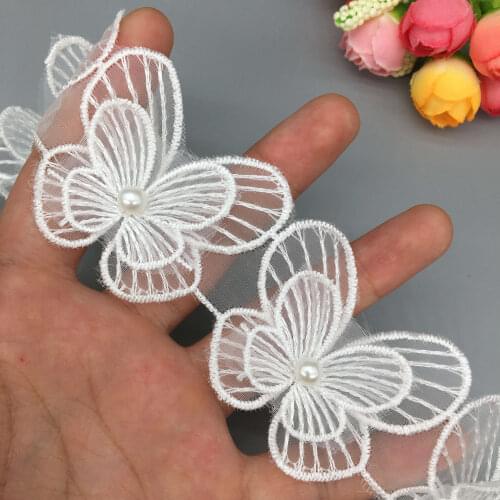 20X White Pearl Beaded Butterfly Flower Lace Trim Ribbon Fabric Embroidered Applique Sewing Craft Wedding Dress Clothes