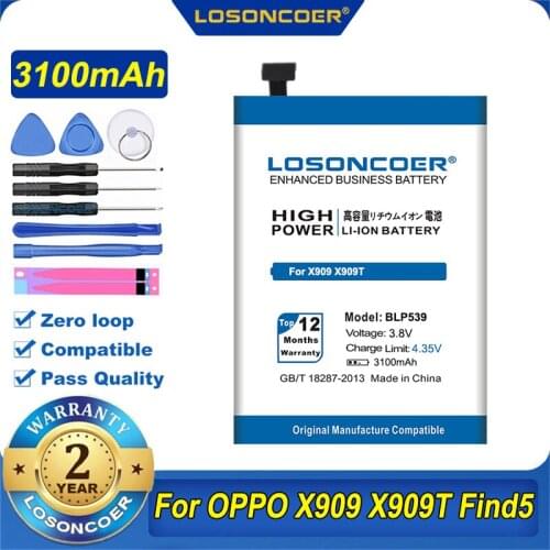 100% Original LOSONCOER BLP539 Battery 3100mAh For OPPO Find 5 X909 X909T Battery Free Tools