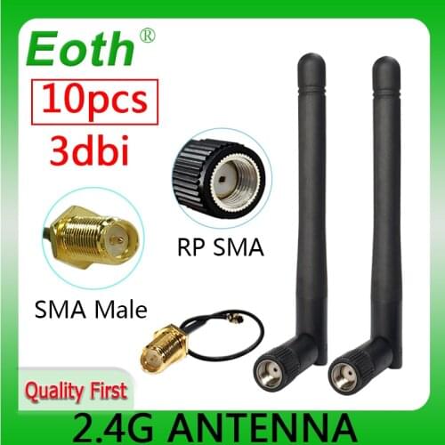 10pcs 2.4GHz antenna wifi RP-SMA Male Connector 3dBi Wi fi 2.4G Antena + IPX to RP-SMA Jack Male Extension Cord Pigtail Cable