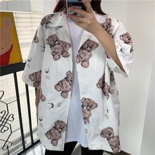 Deeptown Kawaii Bear Print Blouse Women Summer Korean Short Sleeve Shirt 2021 Fashion Harajuku Button Up Tops Female Clothing