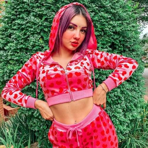 BoozRey Pink Cute Velet Y2K Hoodies Women Heart Print Kawaii Jackets Long Sleeve Cropped Sweatshirts Autumn Tops 2021 Suit