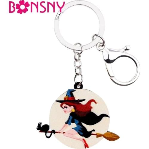Bonsny Acrylic Halloween Anime Moon Witch Key Chains Keychain Ring Fashionable Round Jewelry Bag Car Charms For Women Girls Gift