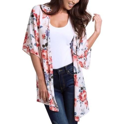 Women Chiffon Floral Kimono Cardigan Loose Half Sleeve Shawl Capes Boho Bohemia Print Cover Up Kimono Blouse Swimwear S-3XL