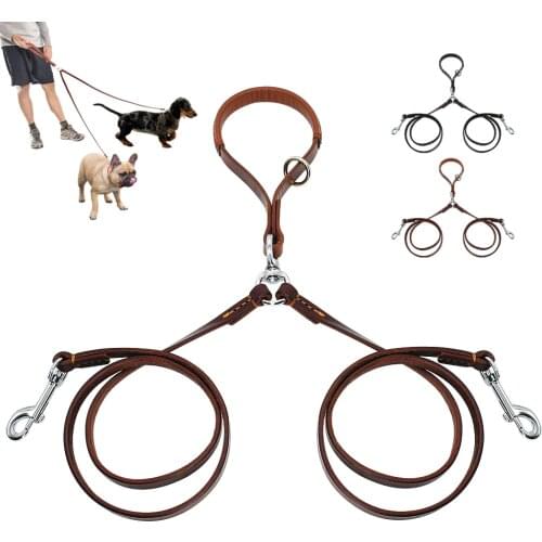 2 Ways Dog Leash Double Two Pet Leather Leads NoTangle Coupler With Handle for Walking and Training 2 Small Medium Dogs