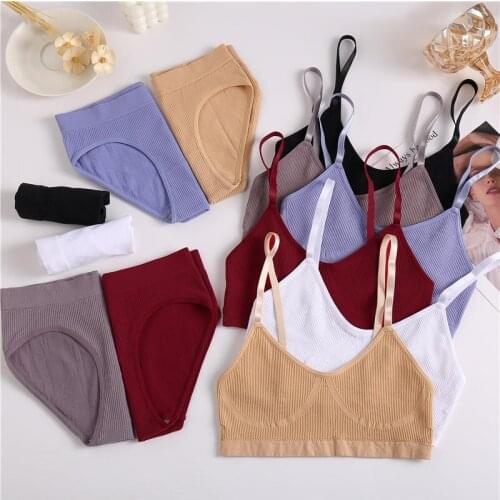 2PCS Bra Set Women Sexy Bralette Sexy Female Underwear Lingerie Ribbed Tops Girls Fashion Brassiere Basic Stretchy Tank Crop Top