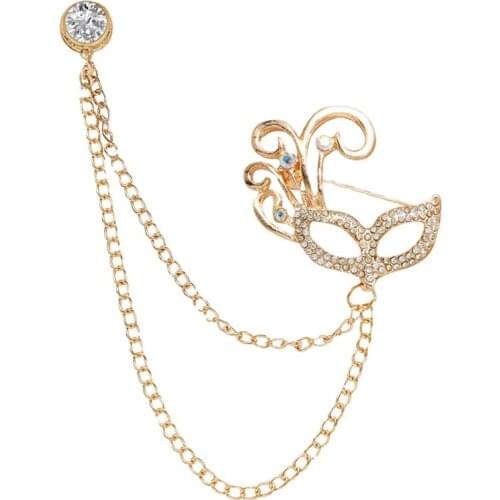 Korean Fashion Alloy Rhinestone Mask Brooches for Women Men Crystal Tassel Chain Lapel Pins Suit Shirt Badge Accessories Gifts