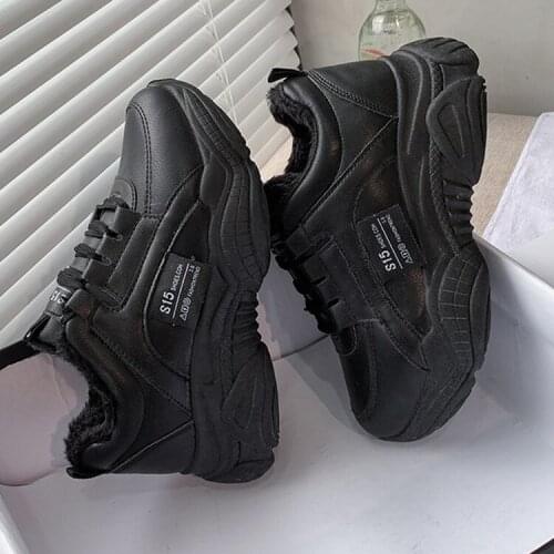 Winter White Platform Sneakers Women Shoes Korean Leather Ladies Casual Shoes Woman Black Warm Fur Slip On Shoes For Women 2021