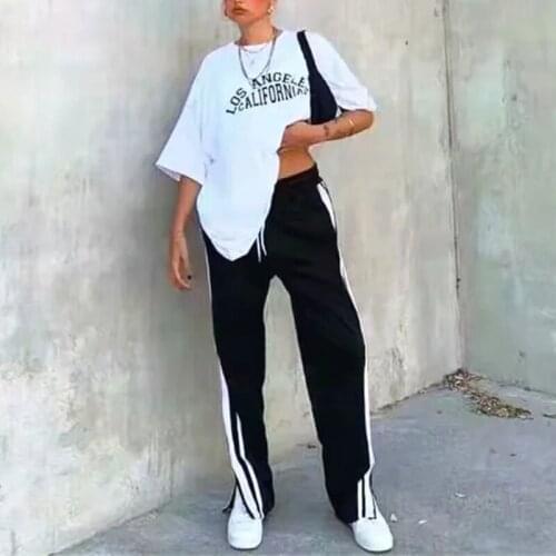 Cool Split Black Pants Women Striped Long Pants Tracksuit Pants Sweat Pants Female Bottom