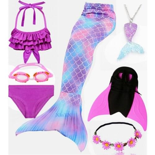 HOT Kids Girls Mermaid Tails with Fin Swimsuit Bikini Bathing Suit Dress add Monofin Fin Goggle with Garland Swimmable Costume
