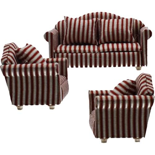 Miniature Dollhouse Furniture Striped/Floral Sofa Couch with Cushions for Dolls House