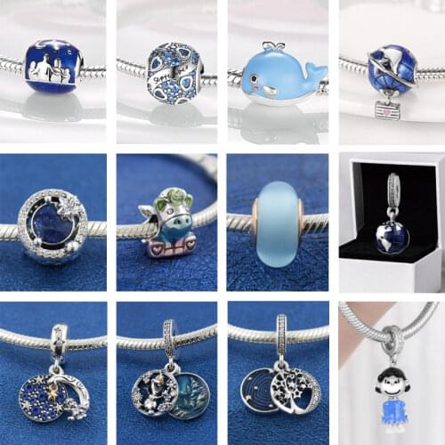 Genuine 925 Sterling Silver Blue Night Sky Sparkling Star Moon Charms Beads fit Original pandora Bracelets Women DIY Jewelry