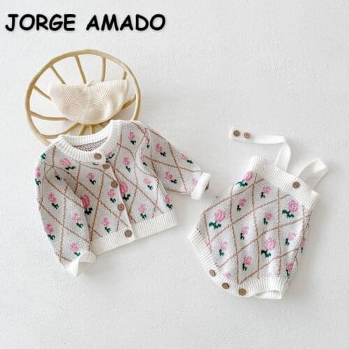 2021 New Autumn Baby Girls Flower Rose Diamond Sling Bodysuit + Long Sleeves Open Stitch Sweater Children Outfits E6034
