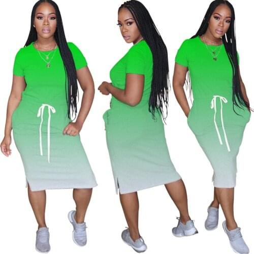 2021 New Summer Women Dress Ladies Fashion Leisure Round Collar Gradient Color Dress With Pockets