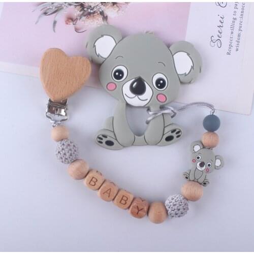 New DIY Cartoon Cute Koala Silicone Pattern Wooden Personalized Name Baby Pacifier Clips Chain BPA Free Child Holder Gift