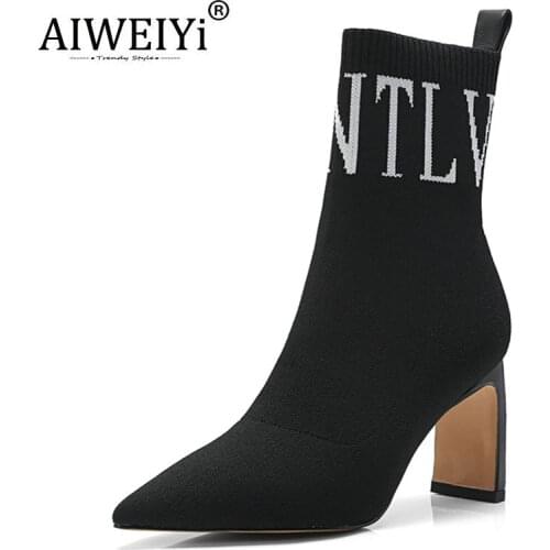 New Sexy Woman Boots Sock Boots Black Pointed toe High Heels Ankle Boots Slip On Stretch Spring Autumn Knitting Boots Shoes