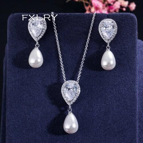 FXLRY Cute Water Drop Cubic Zirconia Dangling Pearl Necklace Earrings Jewelry Sets for Women Gift