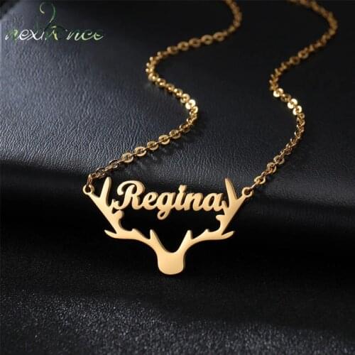 Nextvance Customized Name Necklace Stainless Steel Personalized Antlers Pendant Chain For Woman Lover Christmas Jewelry Gift