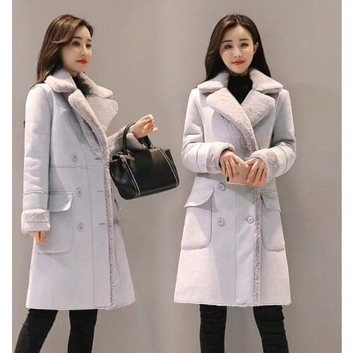 Lamb Wool Coat Female 2021 Female New Style Korean Winter Plus Velvet Thick Suede Coat Mid-length Fur Coat With Lapel Collar D03