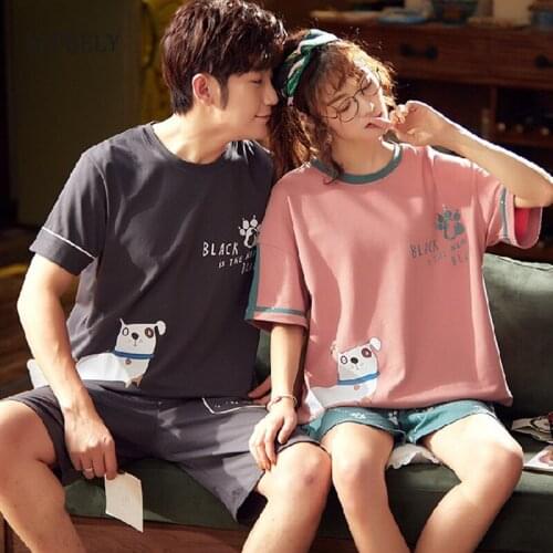 SLPBELY Couple Pajamas Set Summer Cartoon Cat O Neck Short Sleeve Men Women Pyjamas Lovers Homewear Leisure Nightwear Sleepwear