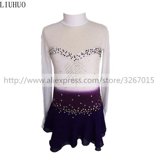 Figure Skating Dress Child Womens Girls' Ice Skating Dress Kids Competition White deep purple Stand collar long sleeve