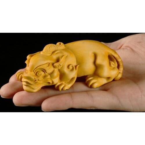 Boxwood 9CM Pixiu Sculpture Chinese Mythical Beast Wood Auspicious Animal Pi Xiu Statue Home Decor