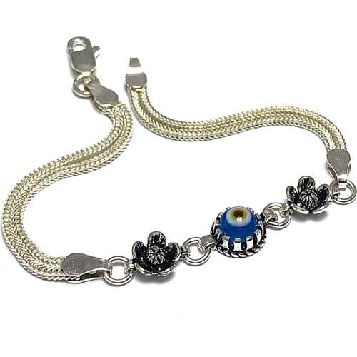 Midyat Silver World Evil Eye Blue Cubic Zirconia Mardin Mat Silver Women 'S Bracelet (Code 2020482) 16 cm