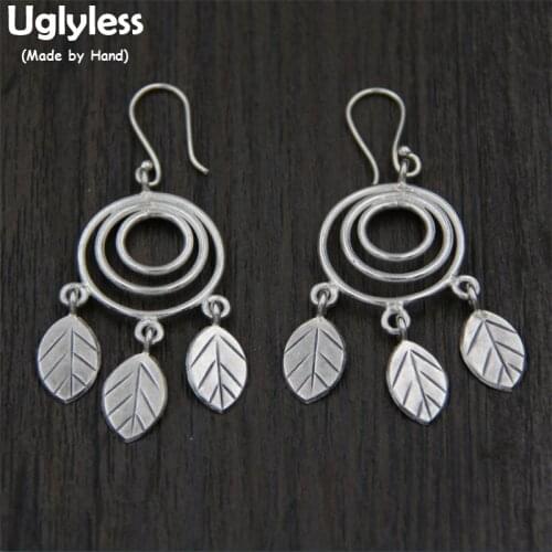 Uglyless Real 925 Sterling Silver Bohemian Ethnic Leaves Tassels Dangle Earrings Multi Circles Brincos Bijoux Women Fine Jewelry