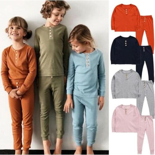 2020 Baby Spring Autumn Clothing Kids Boy Girl Cotton Long Sleeve Pyjamas Set Solid Color Casual Sleepwear Homewear Outfits 2-6T