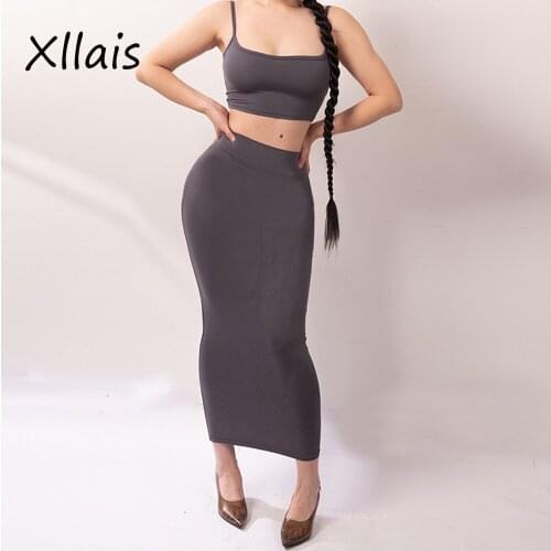 XLLAIS Knitted Fabric Cotton Gray Camis Tops And A-Line Mid Calf Skirts Two Piece Sets Women Sexy Summer Beach Holiday Outfits