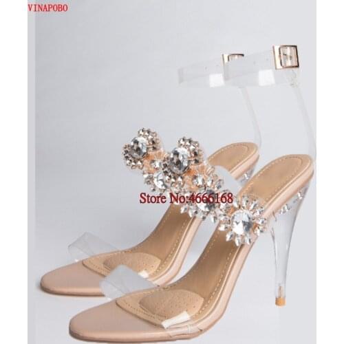 Vinapobo 2021 New Womens Gladiator Sandals Buckle Strap Mixed Color Crystal Chain Transparent PVC high heel Sexy Summer Sandals