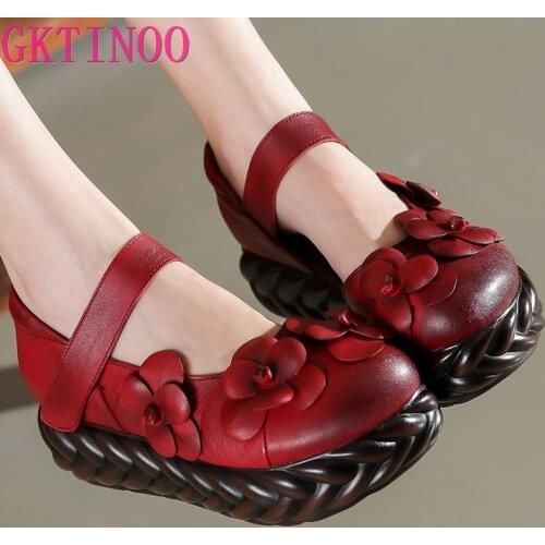 GKTINOO Women Pumps Autumn High Heels Wedge Shoes Women Flower Genuine Leather Platform Pumps Women Ankle Strap Handmade Shoes
