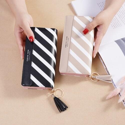 Ladies Clutch Wallet Women Long Coin Purse Stitching Leather Money Bag with Zipper Tassel Card Holder Female Mobile Phone Pocket