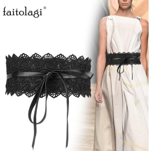 Faux Leather Belt For Women Black White Wide Ladies Corset Belts For Dresses Bowknot Lace Female Elastic Waist Belts