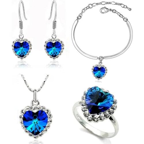 The newest fashion Necklace Earrings darkblue Austrian Crystal rhinestones the heart of ocean Pendant women Jewelry sets