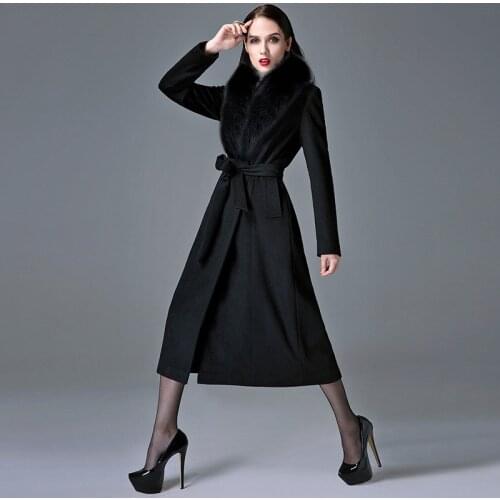Woman Coat Cashmere Autumn Winter Overknee Thick Warm Wool Coat Real Fox Fur Collar Oversize Thickened Woolen Trench Black 4xl