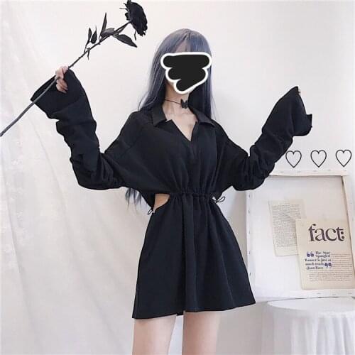 New Spring Autumn Punk Gothic Black Hollowing Out Fashion Long Sleeve V Collar Female Sexy Slim Dresses Kawaii Cool Girl