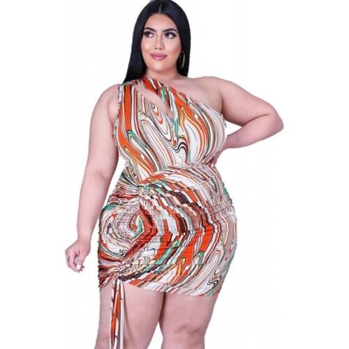 5XL Plus Size Women Dress Sexy Slash Neck With Hollow Sleeveless Fashion Print Drawstring Slim Summer Beach Short Dress 2021 New