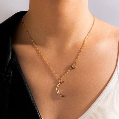 HuangTang Minimalism Star Moon Pendant Necklaces for Women Vintage Gold Color Alloy Chains Clavicle Charms Jewelry Collar 5843