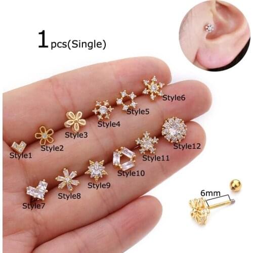 1pcs Earrings Stainless Steel Zircon Stud Tragus Helix Piercing 20G 6mm Length