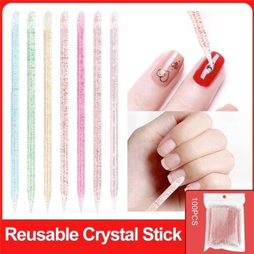 100pcs Nail Double End Nail Art Cuticle Pusher Remover Crystal Stick Pedicure Reusable Nails Care Manicures Tool Set