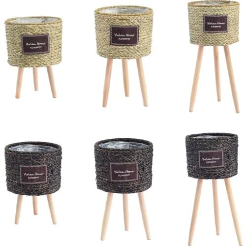 2021 New Nordic Straw Laundry Picnic Storage Basket with Stand Handmade Flower Pot Plant