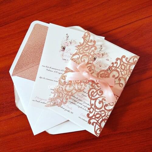 50 Piece/Lot) Pink Glitter Wedding Party Invitation Card with Peach Ribbon Print Engagement Quinceanera Cards