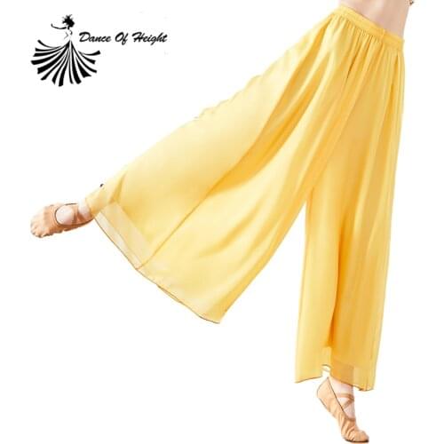 Women Wide Leg Pants Flowy Chiffon Classical Dance Trouser Opaque 2 Layers Dancer Practice Wear Loose Colorful