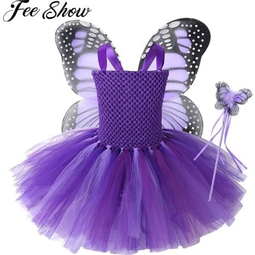 Kids Purple Sleeveless Mesh Tutu Dress with Wings Fairy Wand Set Outfit Girls Halloween Carnival Role Play Costume