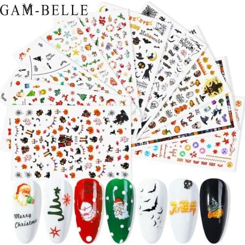 GAM-BELLE 3D Nail Stickers Colorful Christmas Halloween Series Moon Star Pumpkin Santa Claus Sliders Decals For Nails Decoration